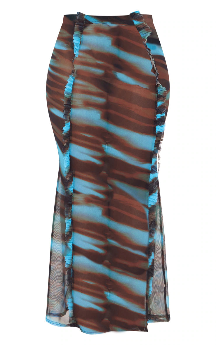 Shape Blue Animal Printed Mesh Ruffle Detail Maxi Skirt