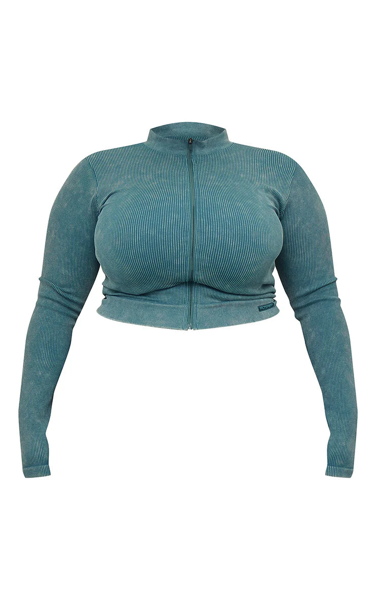 Plus Dark Blue Acid Wash Seamless Zip Up Sports Jacket