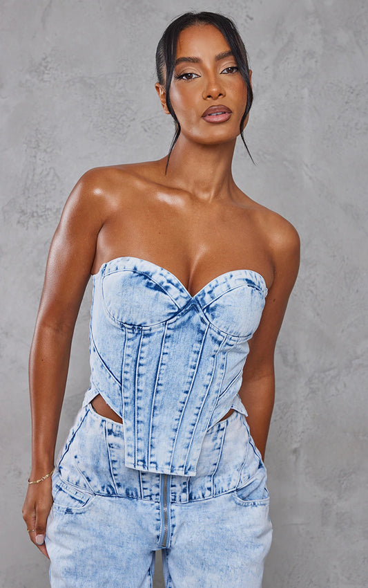 Light Blue Acid Wash Seam Detail Corset Denim Top
