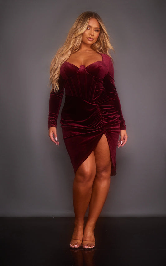 Shape Burgundy Velvet Corset Detail Long Sleeve Ruched Midi Dress