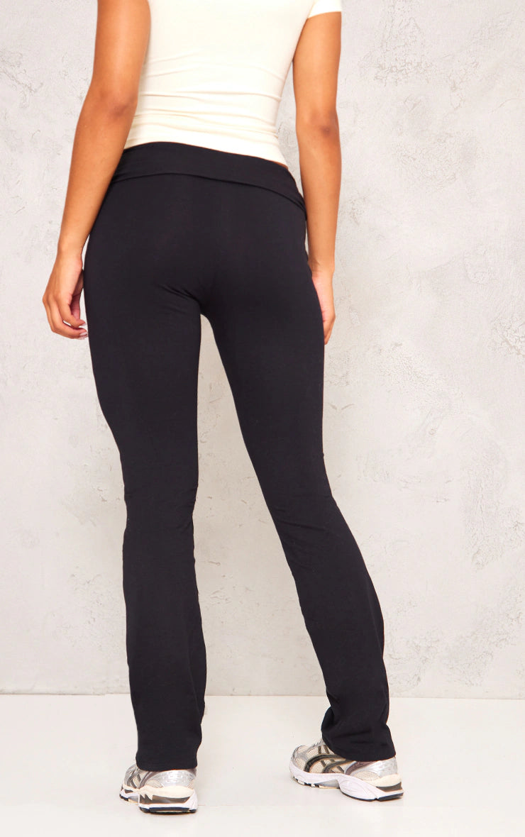 Black Cotton Fold Over Waist Flare Trousers