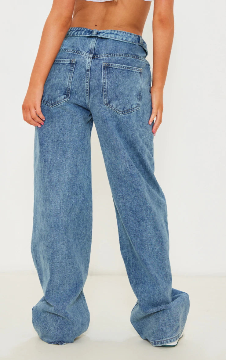 INDIGO VINTAGE WASH FOLDOVER WAISTBAND WIDE LEG JEANS