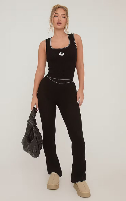 High Waist Skinny Flared Trousers In Black Waffle Knit