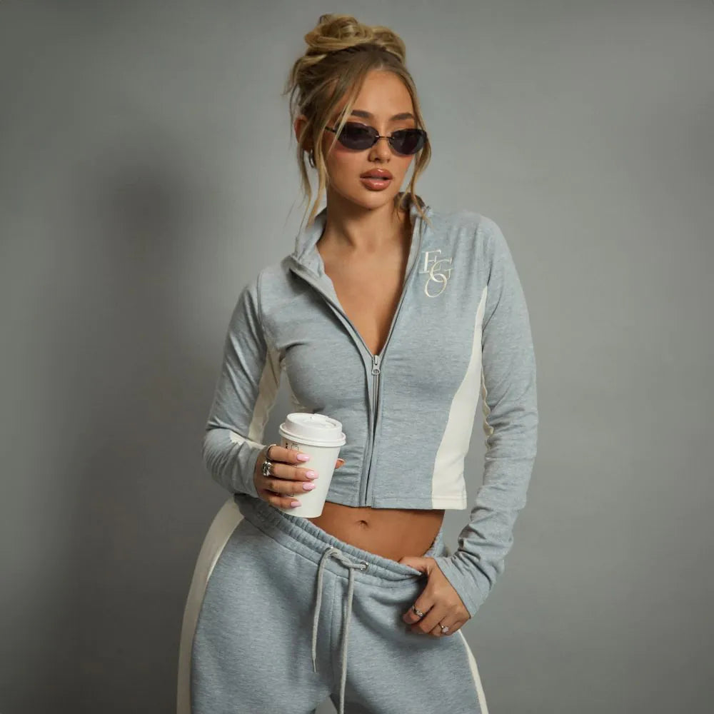 Long Sleeve High Neck Zip Front Ego Graphic Top In Grey