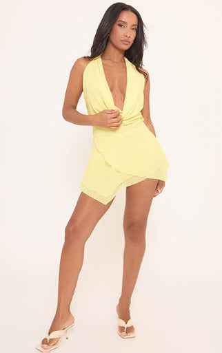 Ego - Cowl Halterneck Frill Detail Mini Dress In Yellow