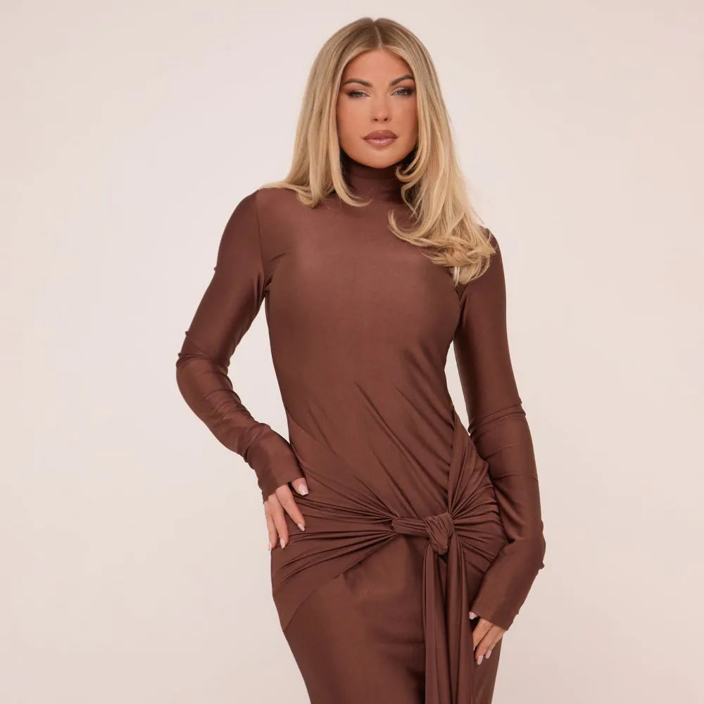 Long Sleeve High Neck Drape Waist Detail Maxi Dress In Chocolate Brown Slinky