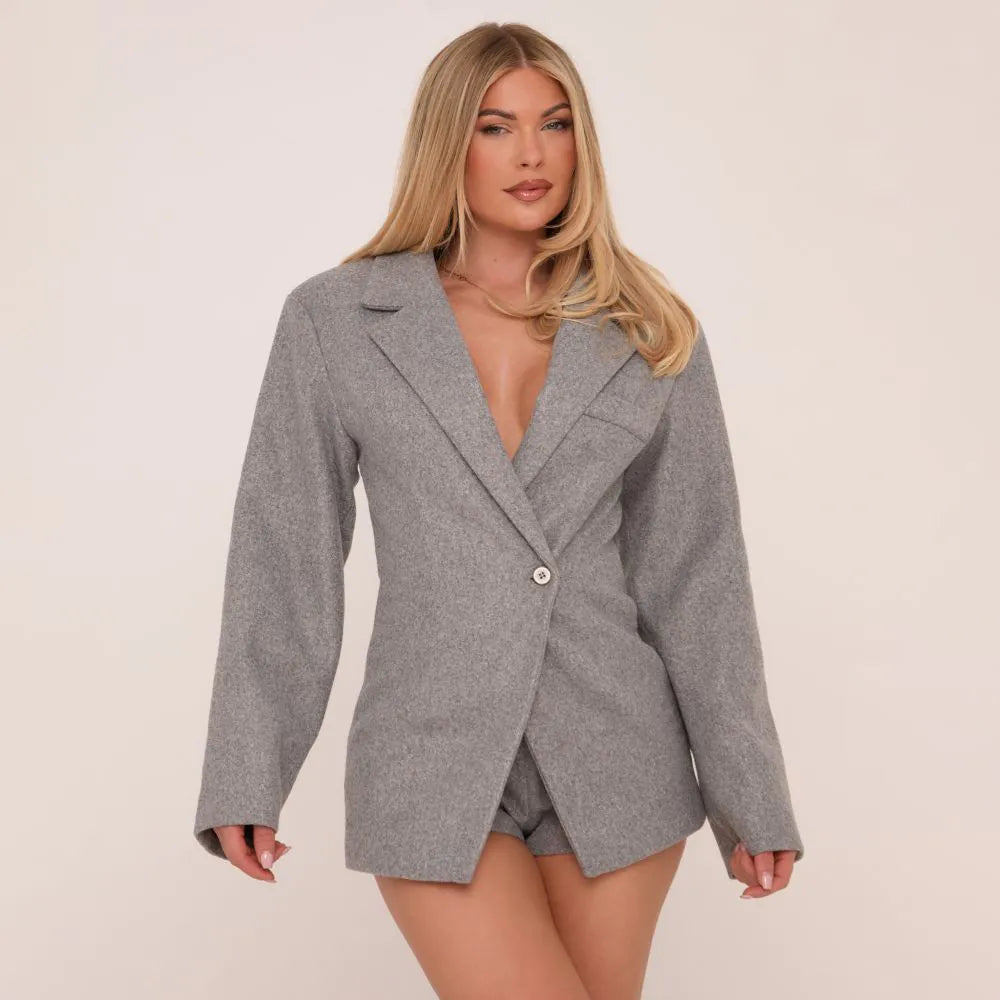 Cinched Waist Wool Look Blazer Dress In Grey