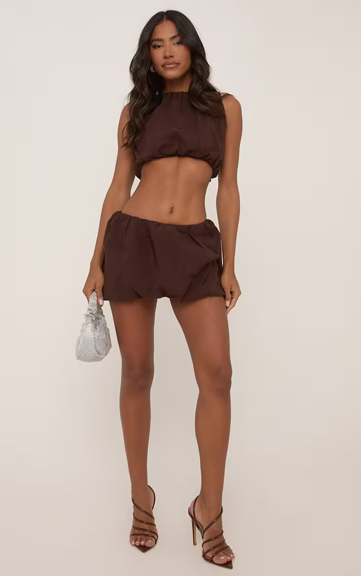 Ego - Sleeveless Crop Top And High Waist Puffball Mini Skirt Co-Ord Set In Chocolate Brown