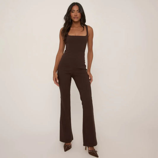 Square Neck Flared Jumpsuit In Chocolate Brown