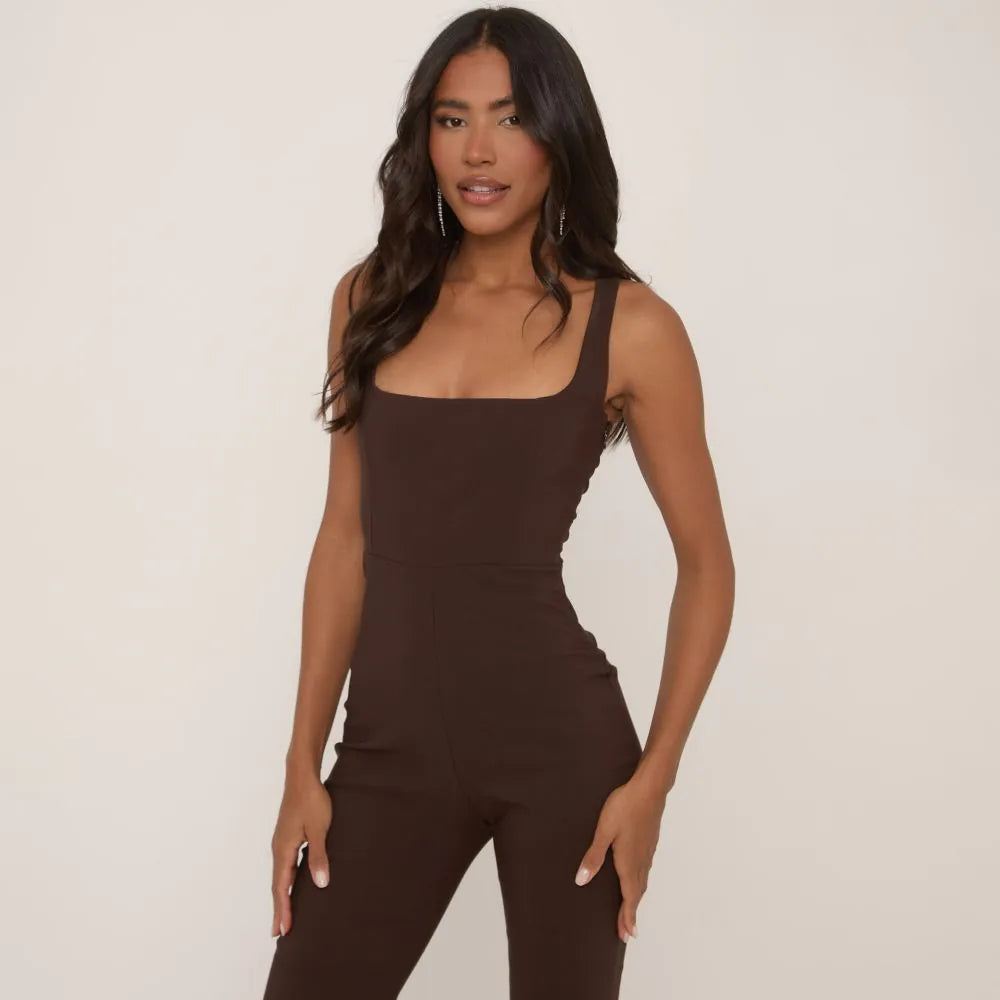 Square Neck Flared Jumpsuit In Chocolate Brown
