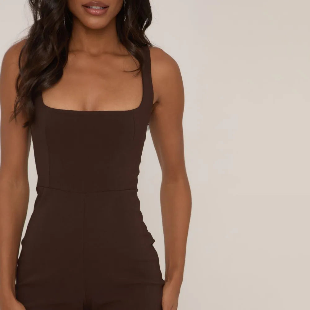 Square Neck Flared Jumpsuit In Chocolate Brown