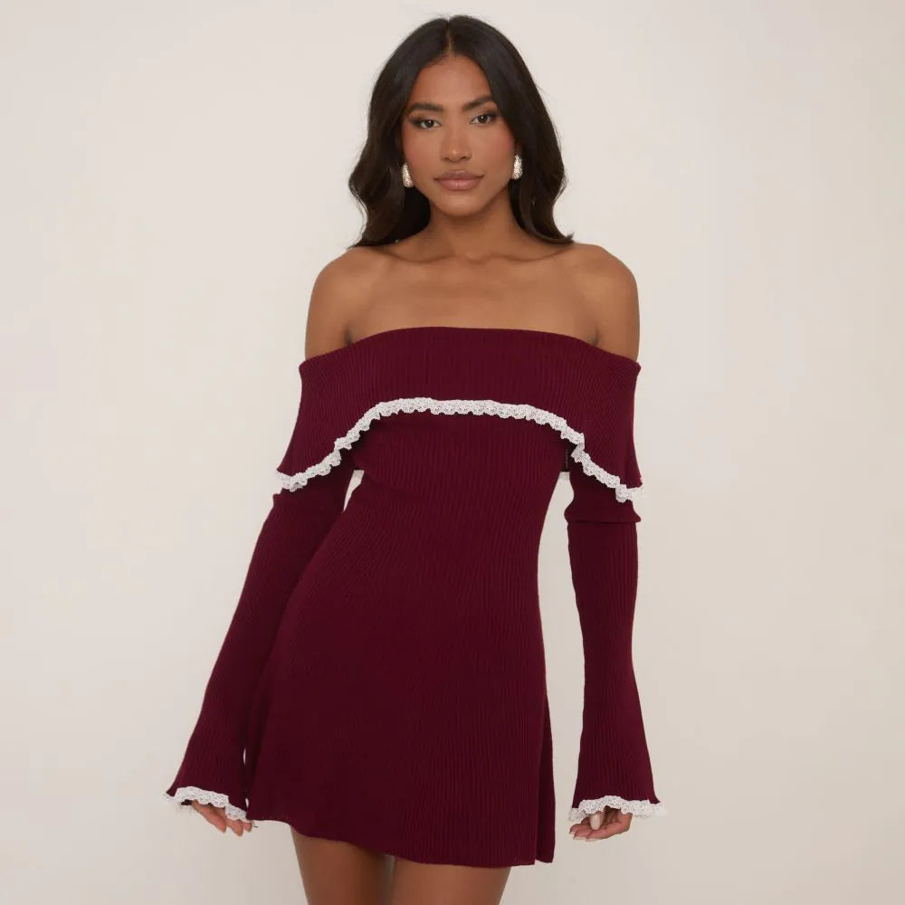 Bardot Lace Trim Flippy Hem Mini Dress In Burgundy Knit