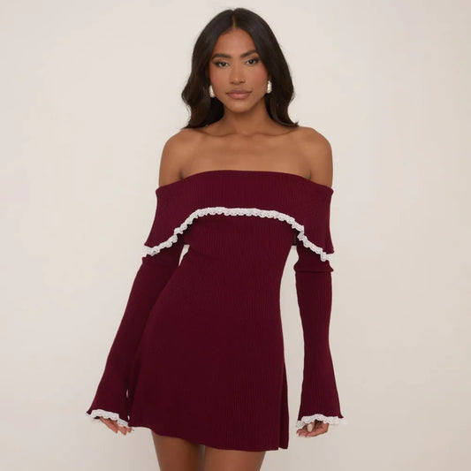 Bardot Lace Trim Flippy Hem Mini Dress In Burgundy Knit