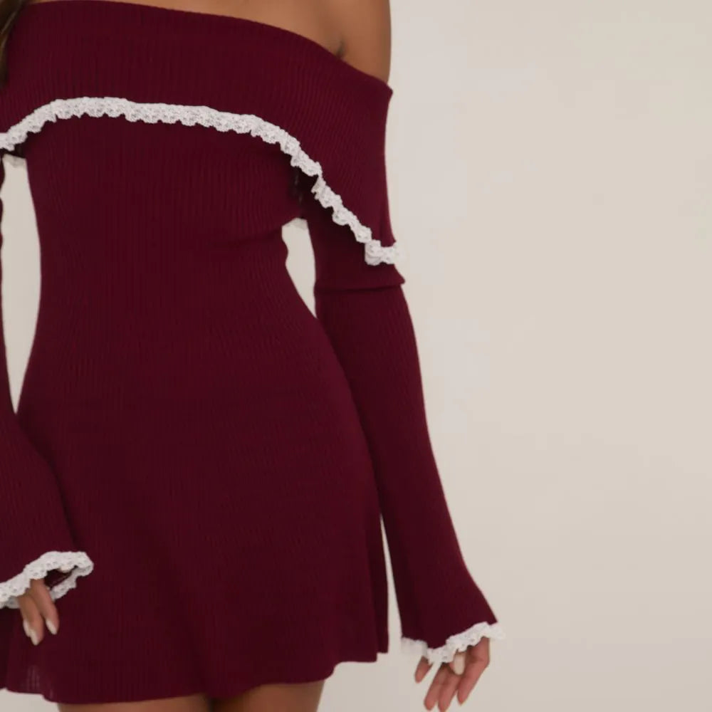 Bardot Lace Trim Flippy Hem Mini Dress In Burgundy Knit