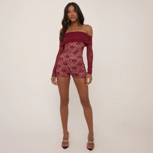 Long Sleeve Bardot Fold Over Detail Playsuit In Burgundy Lace