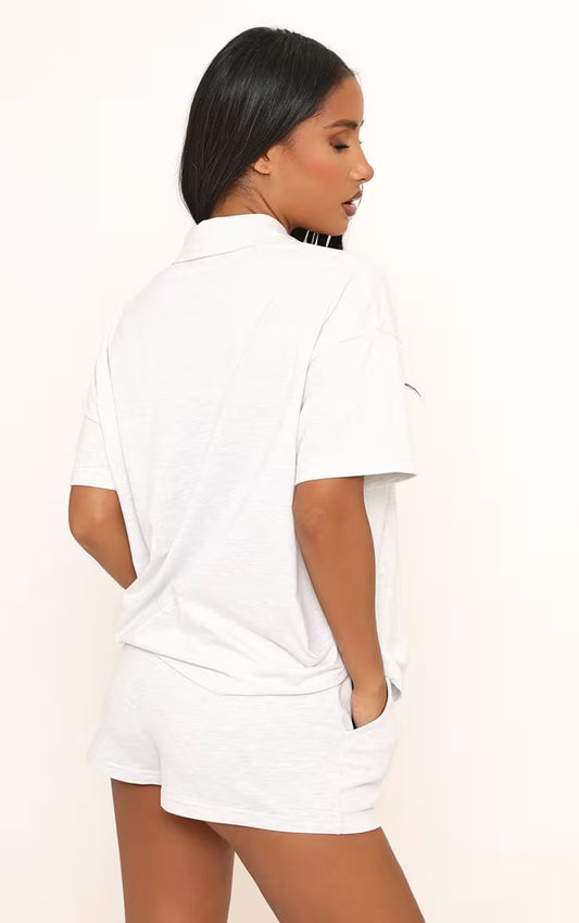 Ego - Short Sleeve 'Ego' Embroidered Graphic Detail Button Collared Polo Shirt In Grey