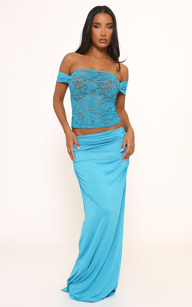 Ego - Bardot Contrast Lace Top And Maxi Skirt Co-Ord Set In Blue Slinky SET