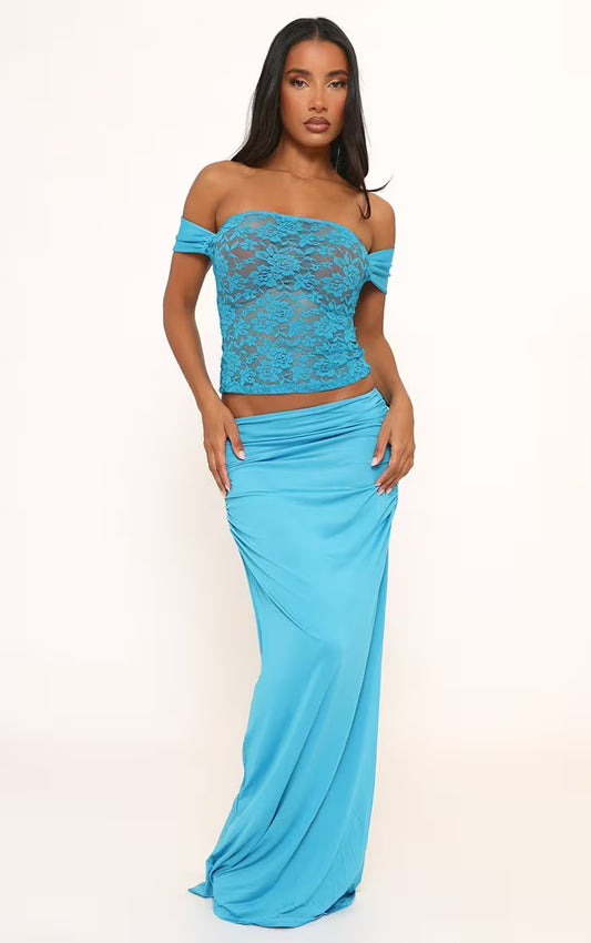 Ego - Bardot Contrast Lace Top And Maxi Skirt Co-Ord Set In Blue Slinky SET