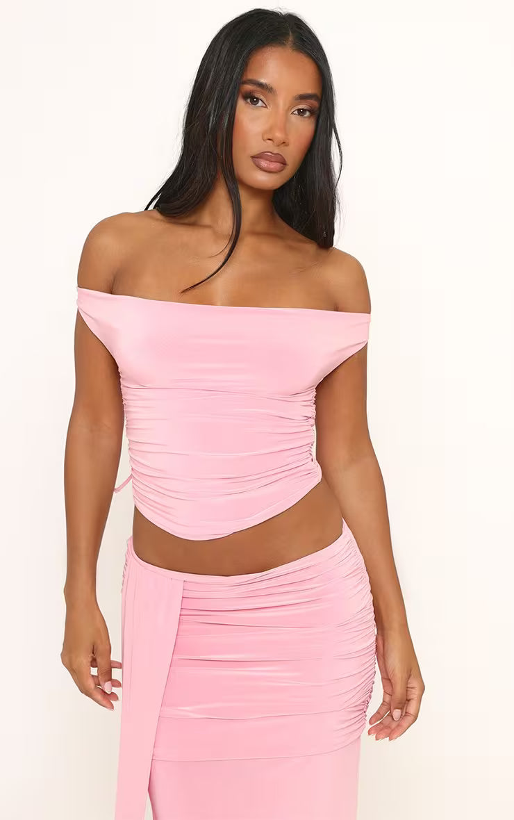 Ego - Off The Shoulder Open Back Ruched Top In Pink Slinky