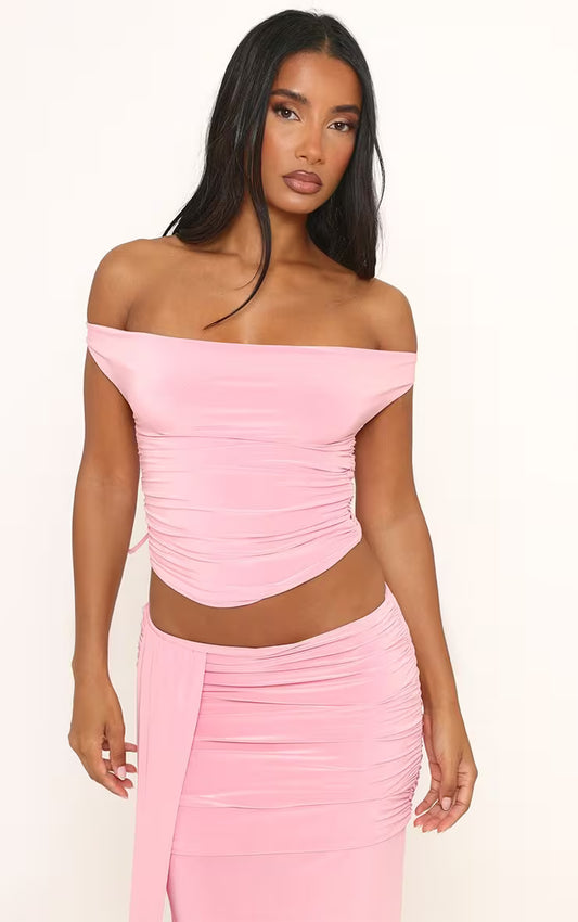 Ego - Off The Shoulder Open Back Ruched Top In Pink Slinky