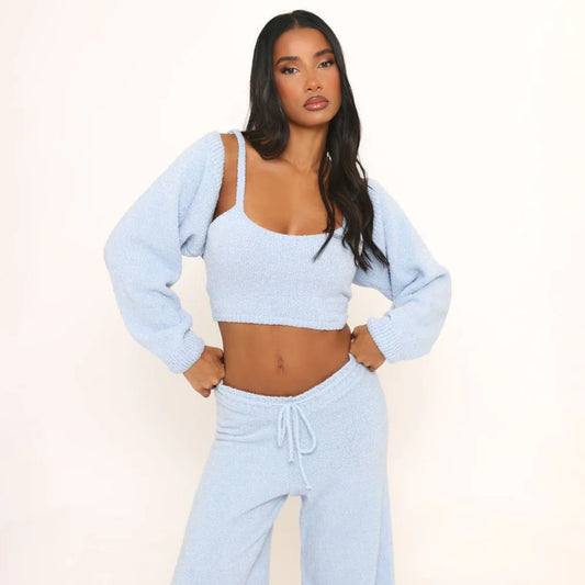 Ego - Long Sleeve Shrug Top In Blue Boucle Knit