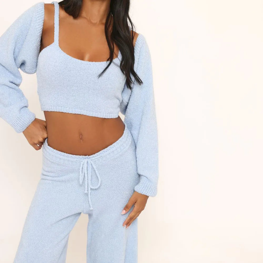 Ego - Long Sleeve Shrug Top In Blue Boucle Knit
