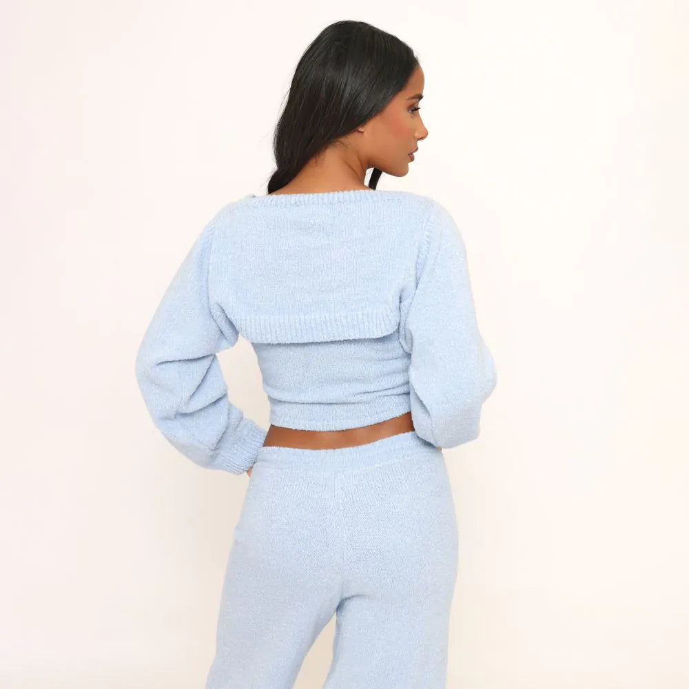 Ego - Long Sleeve Shrug Top In Blue Boucle Knit
