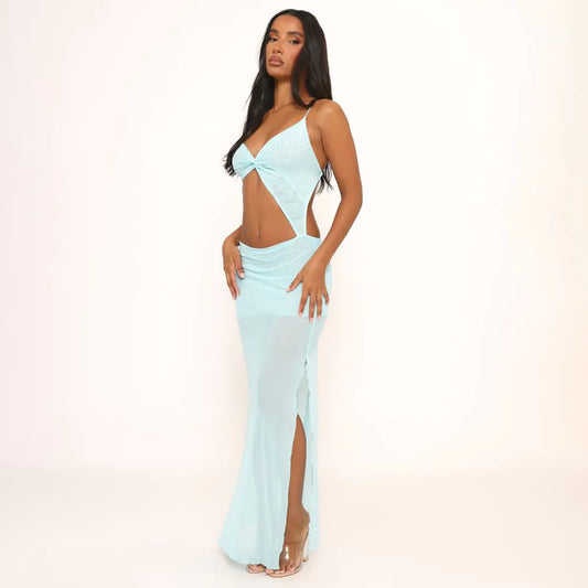 Ego - Strappy Twist Front Detail Cut Out Maxi Dress In Blue Mesh