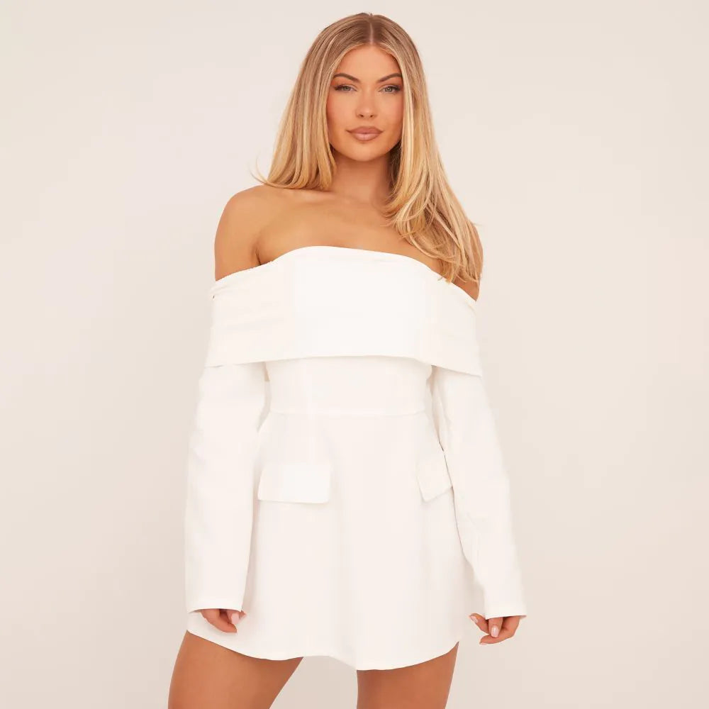 Fold Over Bardot Tailored Mini Dress In White