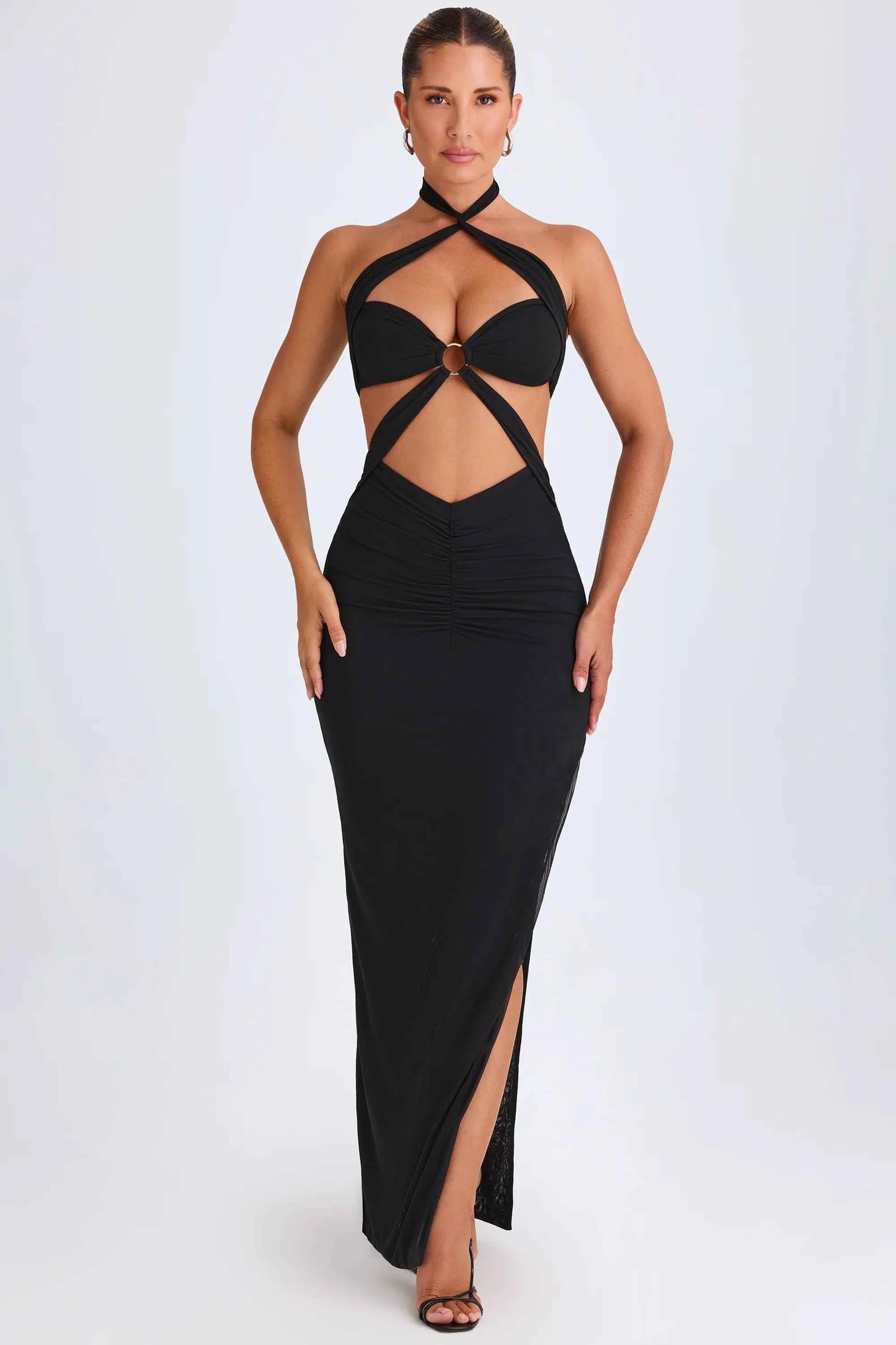 Ohpolly - Hardware Detail Cut-Out Halterneck Maxi Dress in Black