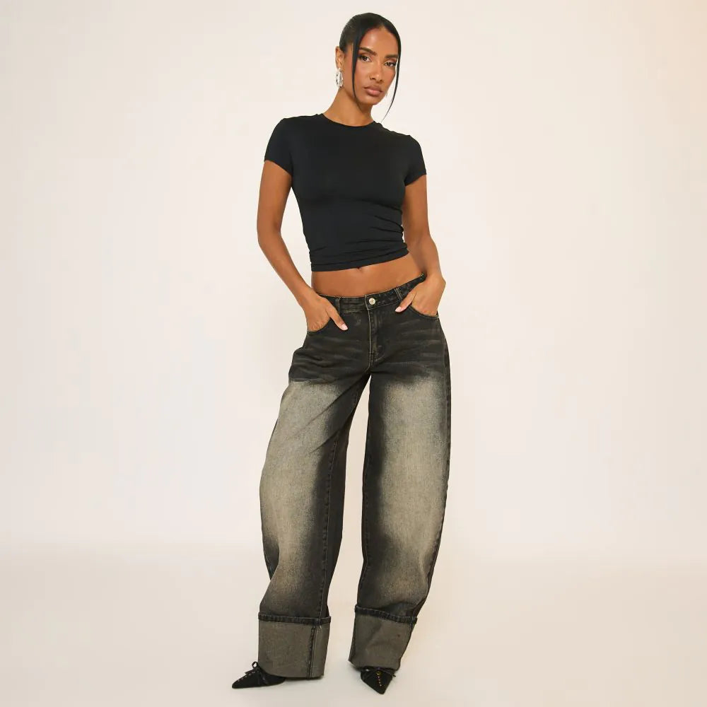 Low Rise Barrel Leg Jeans In Black Washed Denim