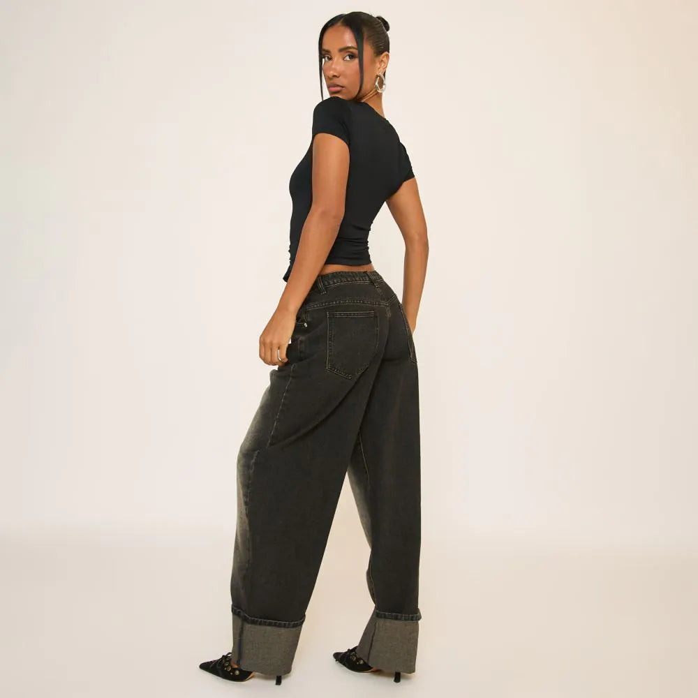 Low Rise Barrel Leg Jeans In Black Washed Denim