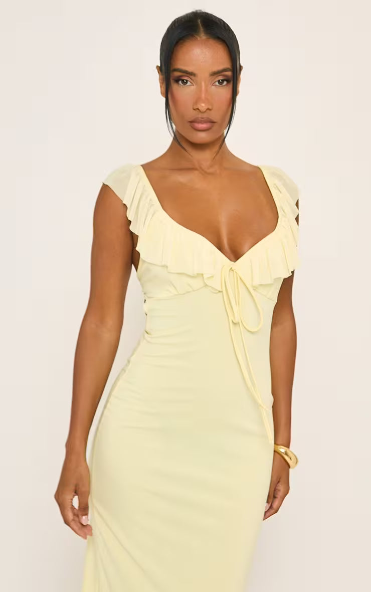 Plunge Front Open Back Frilled Maxi Dress In Yellow