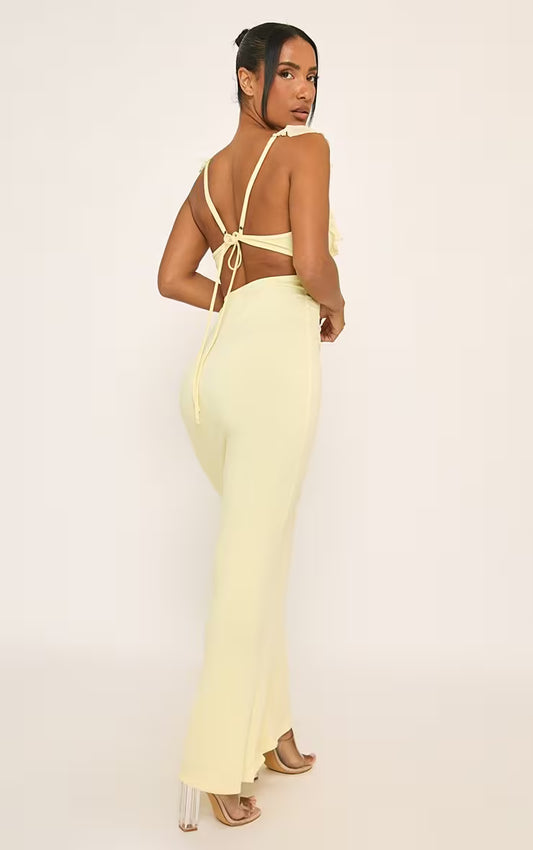 Plunge Front Open Back Frilled Maxi Dress In Yellow