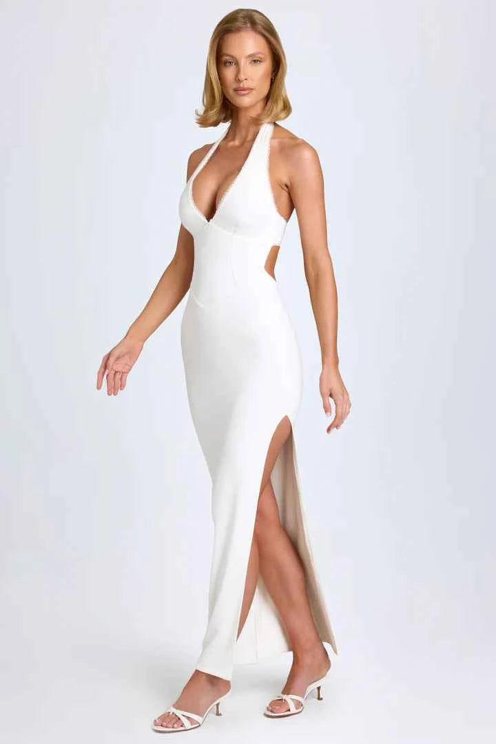 Ohpolly - Modal Lace-Trim Halterneck Maxi Dress in White