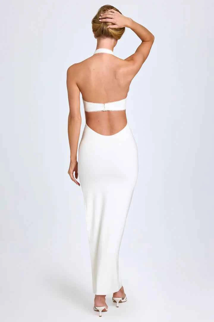 Ohpolly - Modal Lace-Trim Halterneck Maxi Dress in White