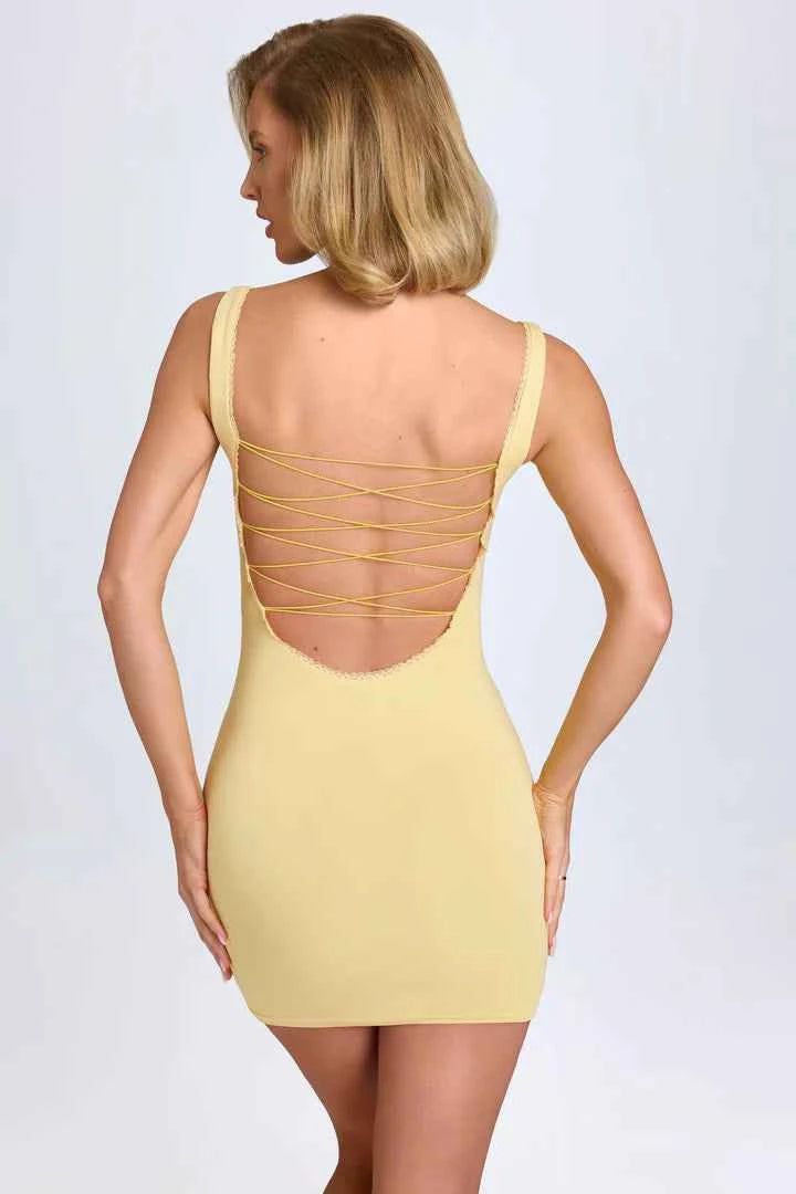 Ohpolly - Modal Lace-Trim Bodycon Mini Dress in Pastel Yellow