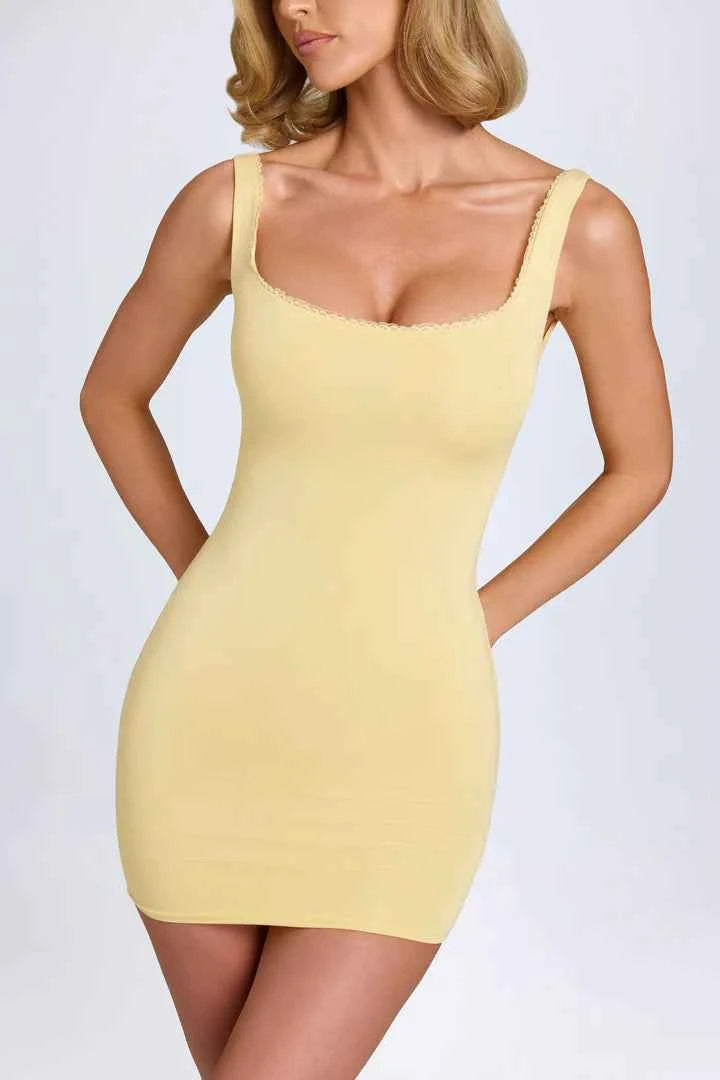 Ohpolly - Modal Lace-Trim Bodycon Mini Dress in Pastel Yellow