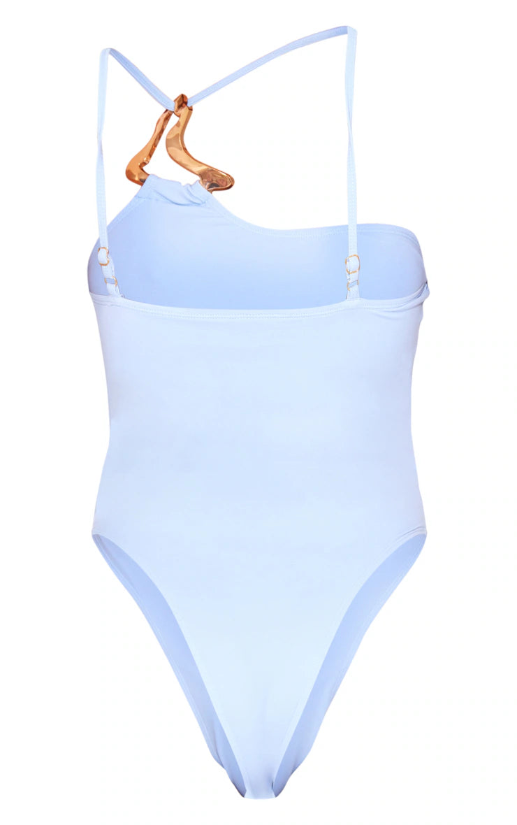 Dusty Blue Gold Trim Asymmetric Swimsuit