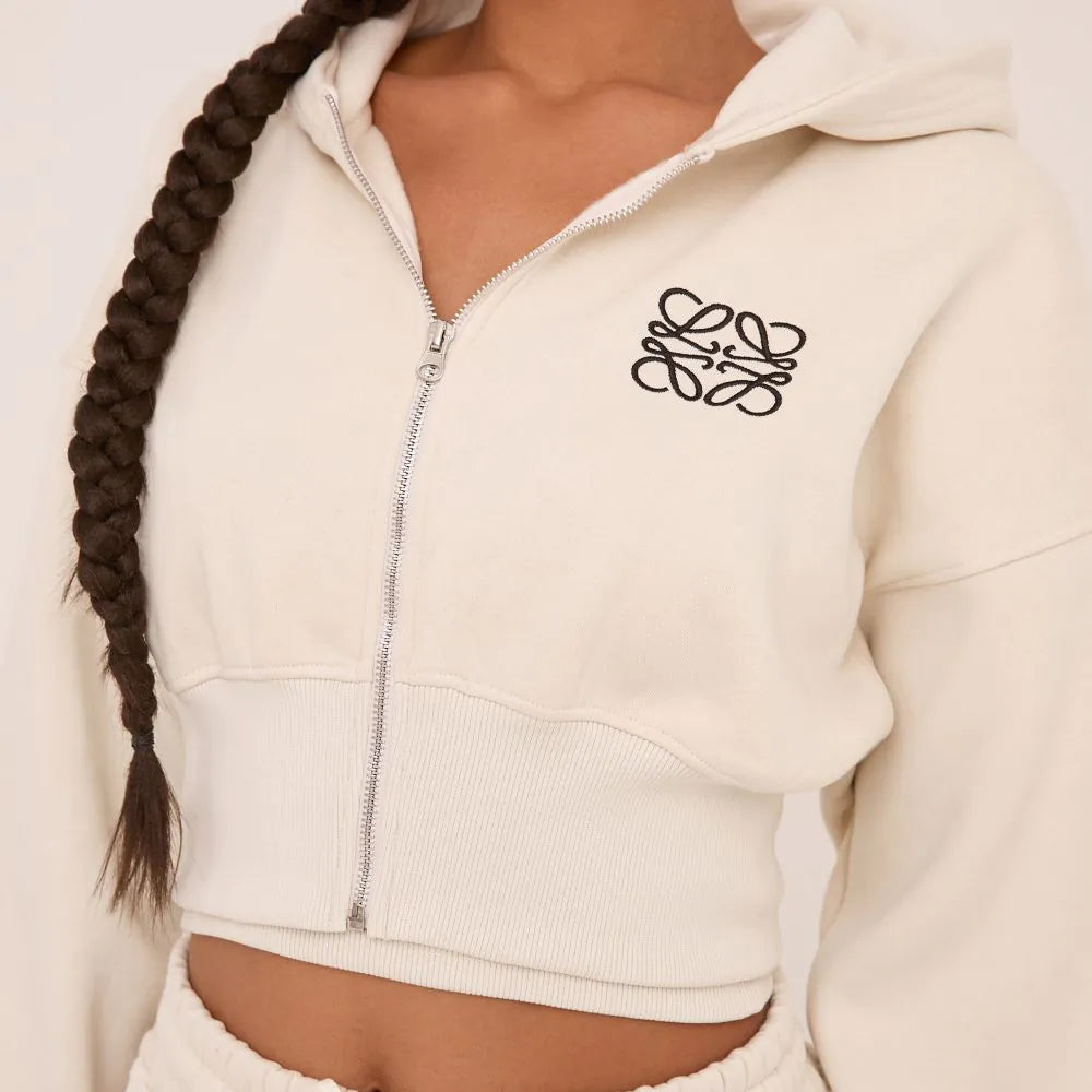 Swirl Graphic Detail Cropped Hoodie In Stone