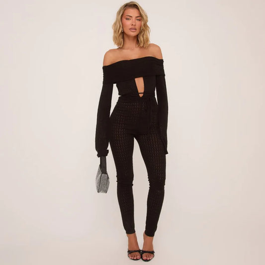 Bardot Long Sleeve Belted Cut Out Detail Jumpsuit In Black Knit