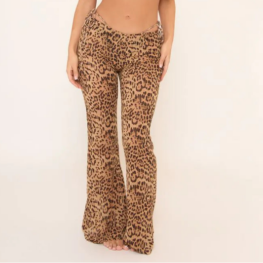 Low Rise Flared Leg Trousers In Leopard Print