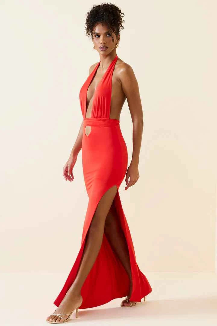 Ohpolly - Halterneck Cut-Out Maxi Dress in Scarlet