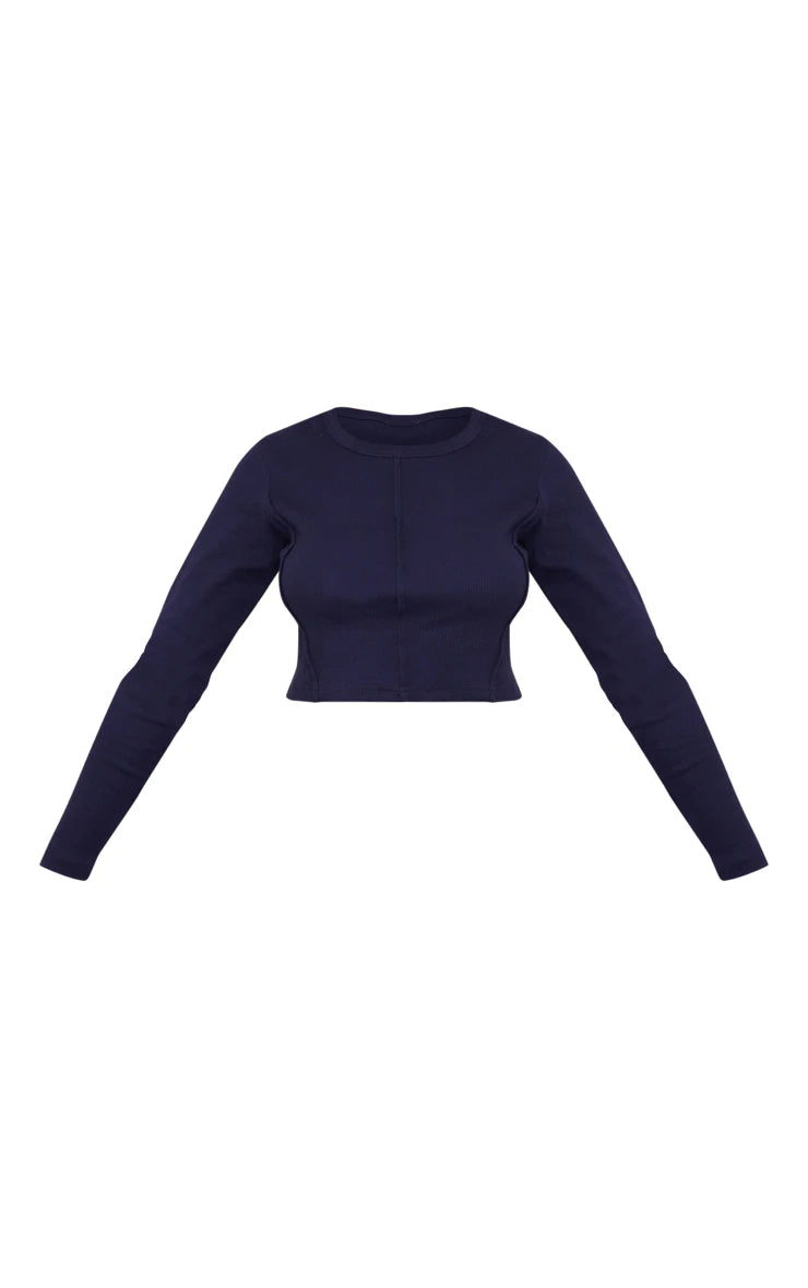 Tall Blue Soft Rib Open Seam Detail Long Sleeve Top