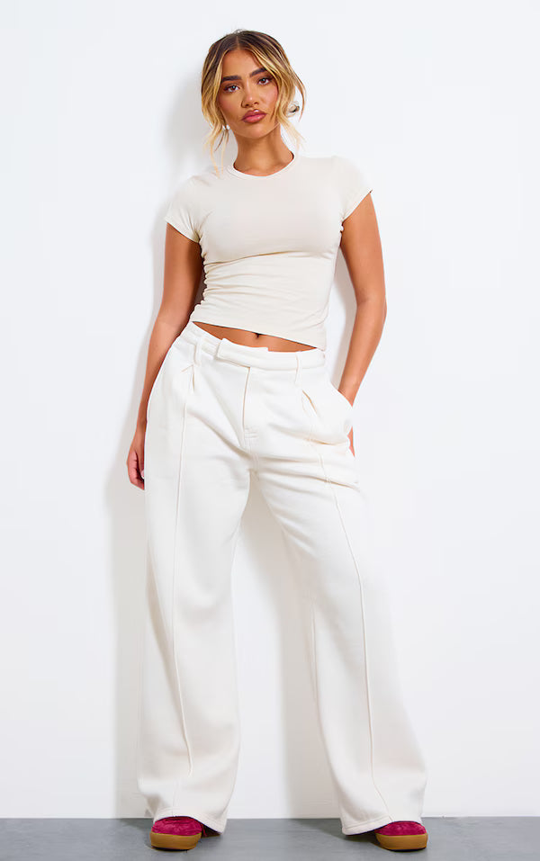 Cream Pintuck Fleeceback Tailored Sweatpants