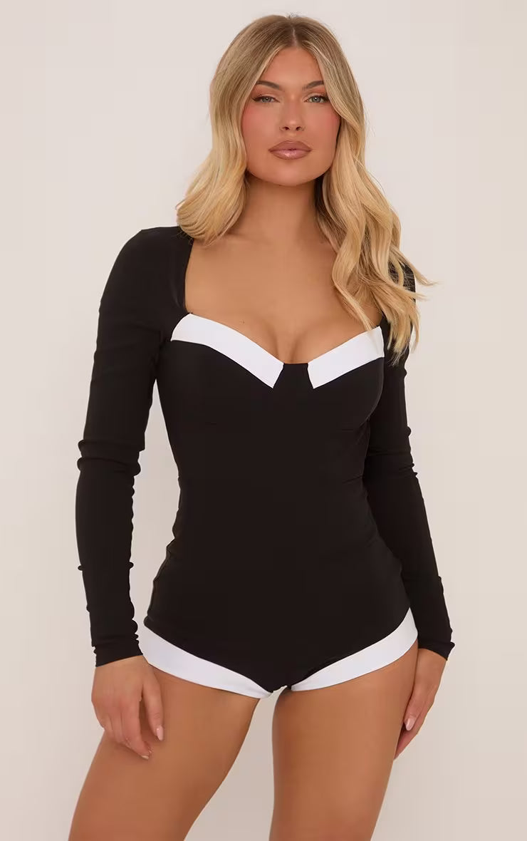 Long Sleeve Contrast Trim Micro Mini Playsuit In Black