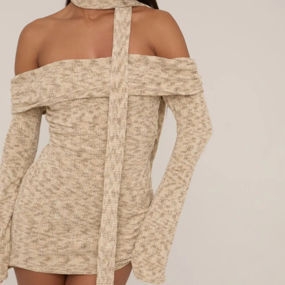 Bardot Long Sleeve Mini Bodycon Dress With Matching Scarf In Stone Texture
