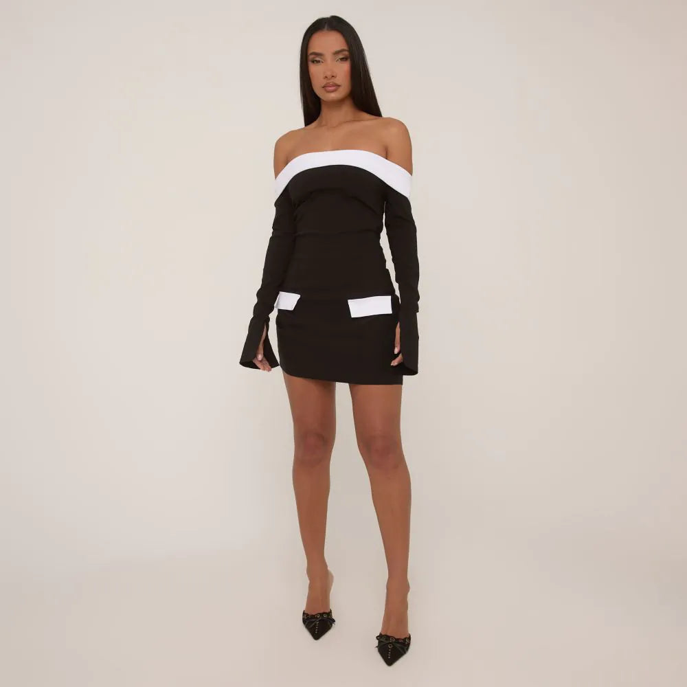 Long Sleeve Bardot Contrast Pocket Detail Mini Dress In Black