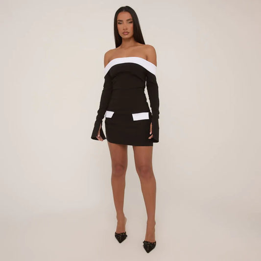 Long Sleeve Bardot Contrast Pocket Detail Mini Dress In Black