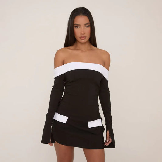 Long Sleeve Bardot Contrast Pocket Detail Mini Dress In Black